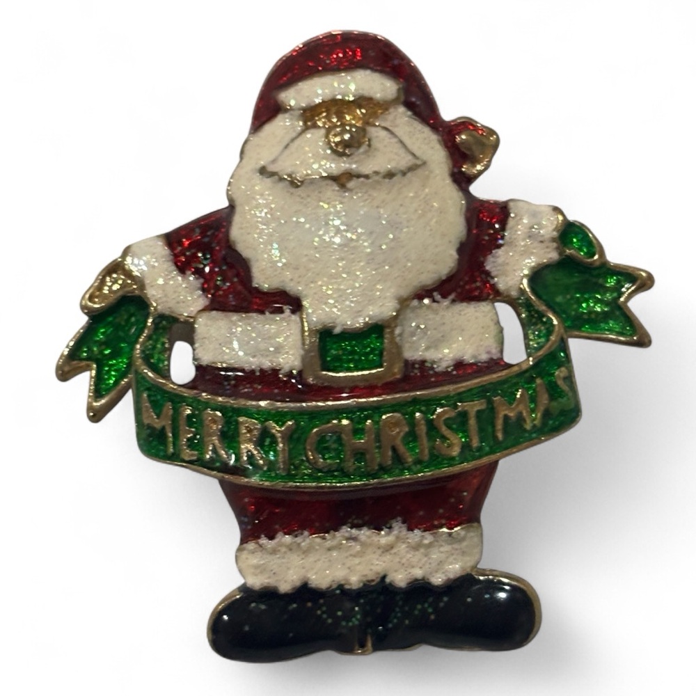 Vintage Glitter Santa Christmas Brooch Pin